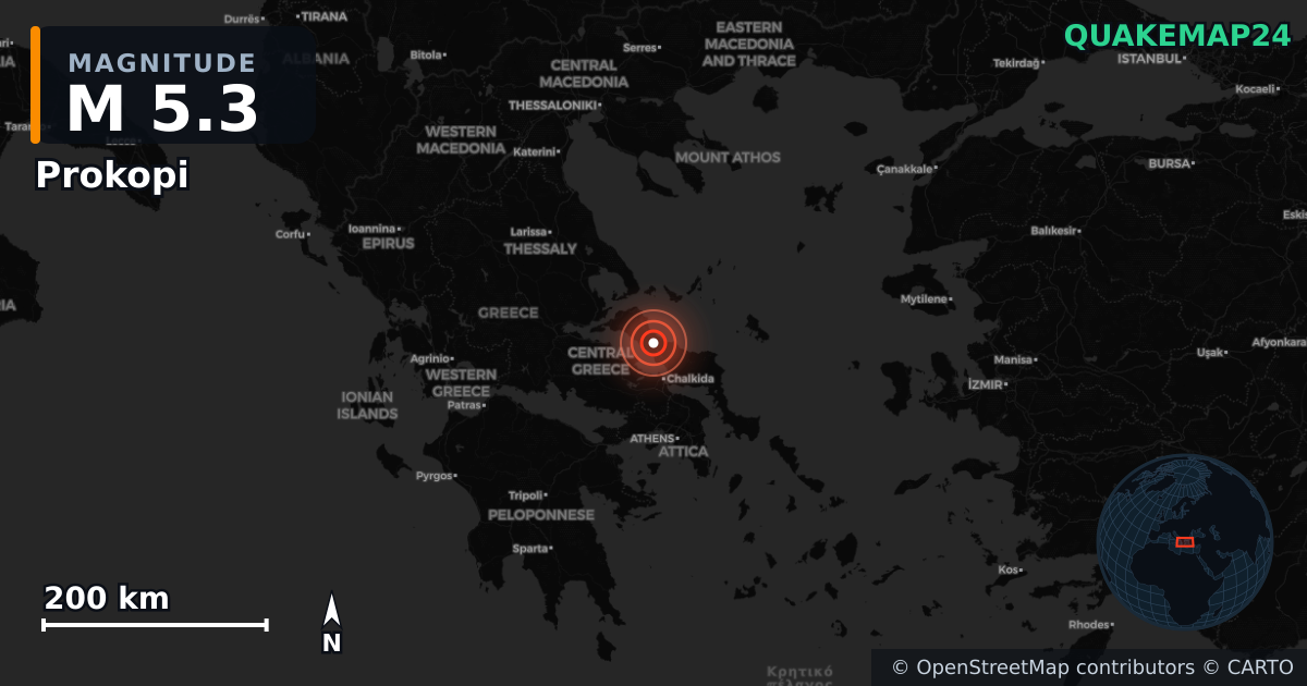 M5.3 earthquake near Prokopi on Jun 7, 2026 — map of epicenter and shaking intensity | QuakeMap24