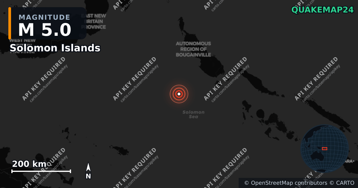 M5.0 earthquake near Solomon Islands on Nov 16, 2025 — map of epicenter and shaking intensity | QuakeMap24