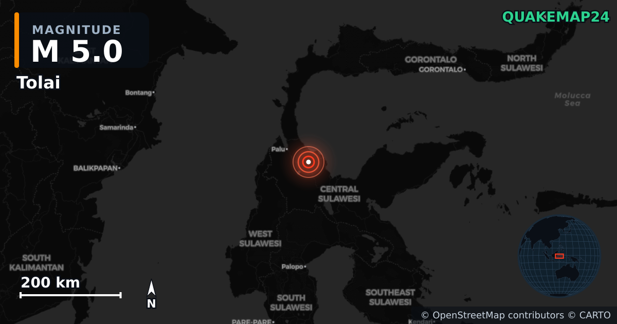 Terremoto de M5,0 cerca de Tolai, Central Sulawesi (Indonesia) — Mapa de la ubicación del epicentro