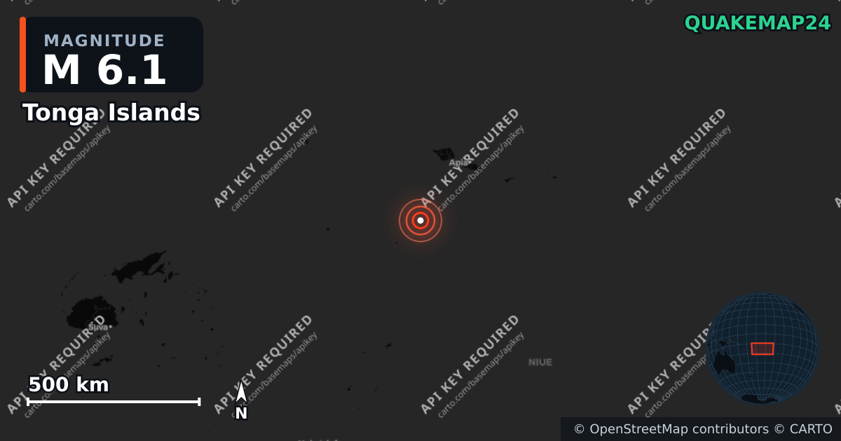 M6.1 earthquake near Tonga Islands on Mar 22, 2026 — map of epicenter and shaking intensity | QuakeMap24