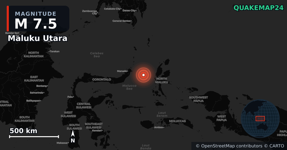 M7.5 earthquake near Maluku Utara on Apr 1, 2026 — map of epicenter and shaking intensity | QuakeMap24