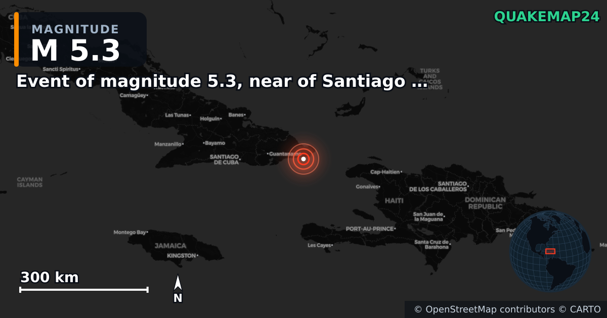 M5.3 earthquake near Event of magnitude 5.3, near of Santiago de Cuba (Monde) on Mar 17, 2026 — map of epicenter and shaking intensity | QuakeMap24