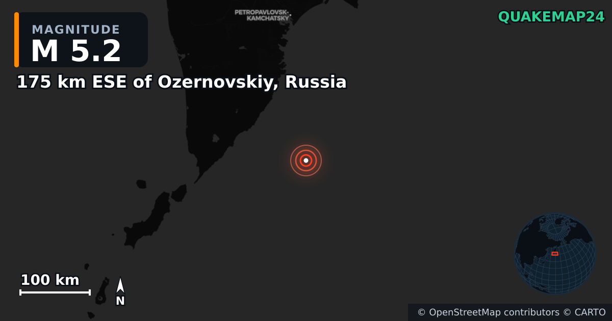 M5.2 earthquake near 175 km ESE of Ozernovskiy, Russia on Jul 30, 2025 — map of epicenter and shaking intensity | QuakeMap24