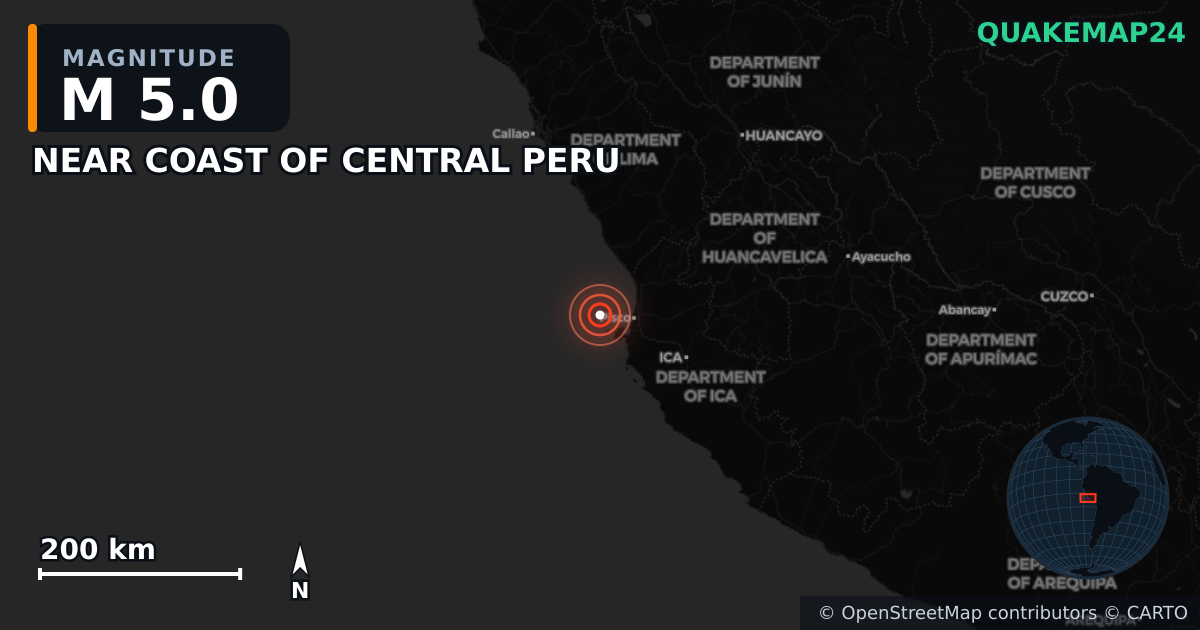 M5.0 earthquake near NEAR COAST OF CENTRAL PERU on Jul 8, 2025 — map of epicenter and shaking intensity | QuakeMap24