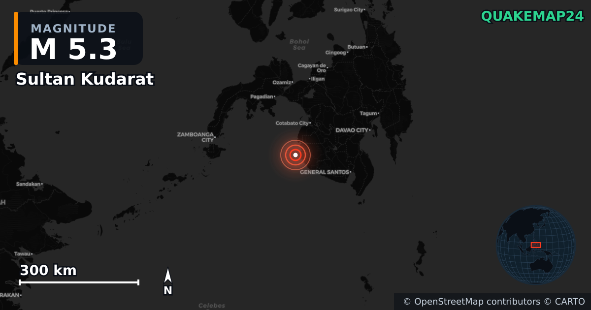 M5.3 earthquake near Sultan Kudarat on Jan 21, 2026 — map of epicenter and shaking intensity | QuakeMap24