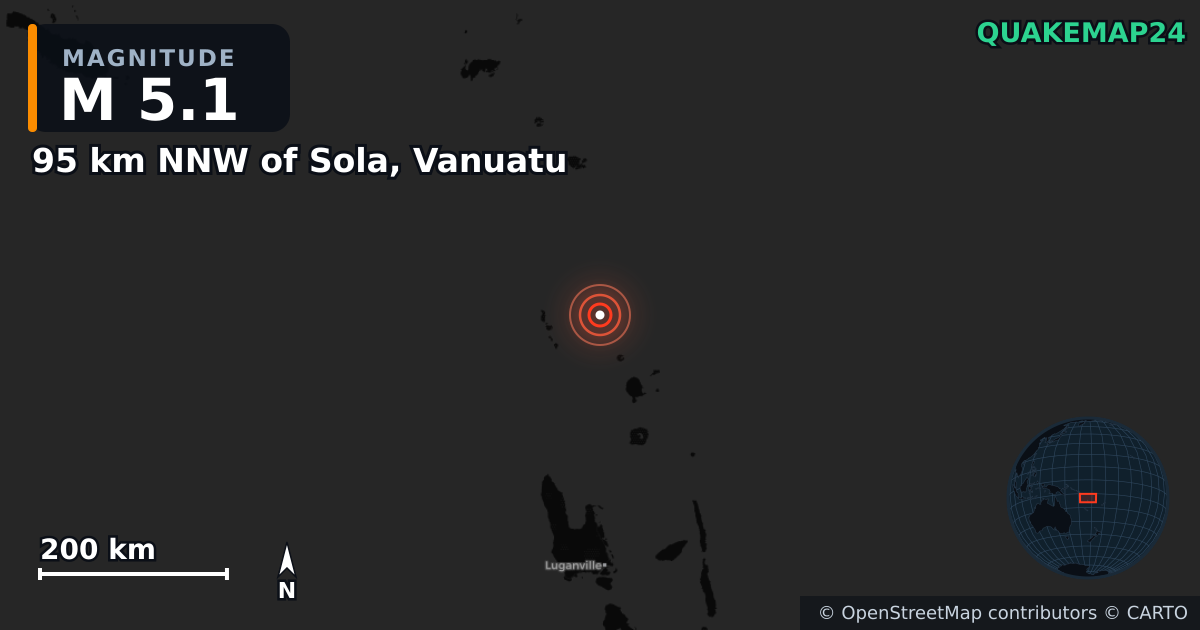 M5.1 earthquake near 95 km NNW of Sola, Vanuatu on Apr 22, 2025 — map of epicenter and shaking intensity | QuakeMap24
