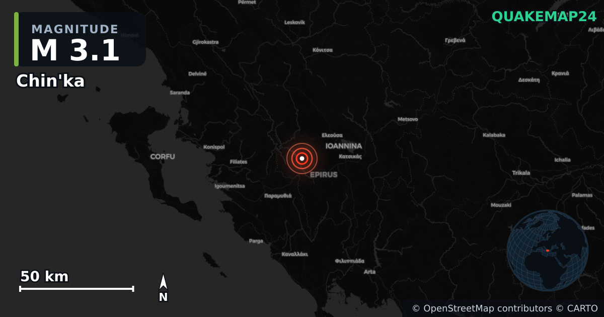 M3.1 earthquake near Chin'ka on Mar 9, 2026 — map of epicenter and shaking intensity | QuakeMap24
