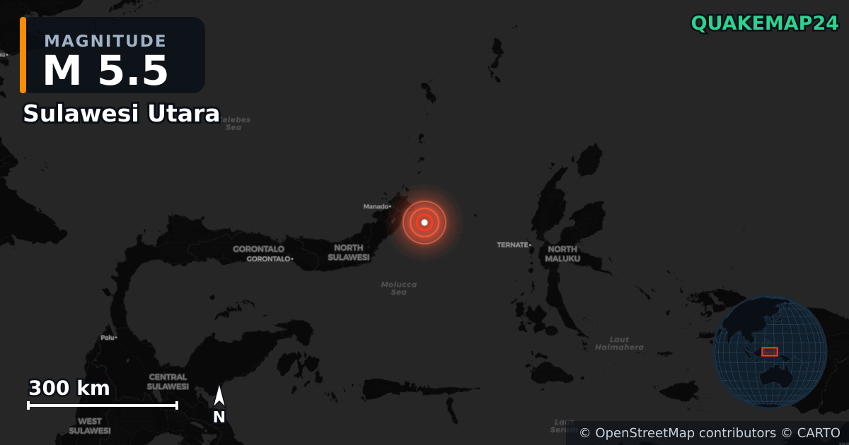 M5.5 earthquake near Sulawesi Utara on Aug 13, 2025 — map of epicenter and shaking intensity | QuakeMap24