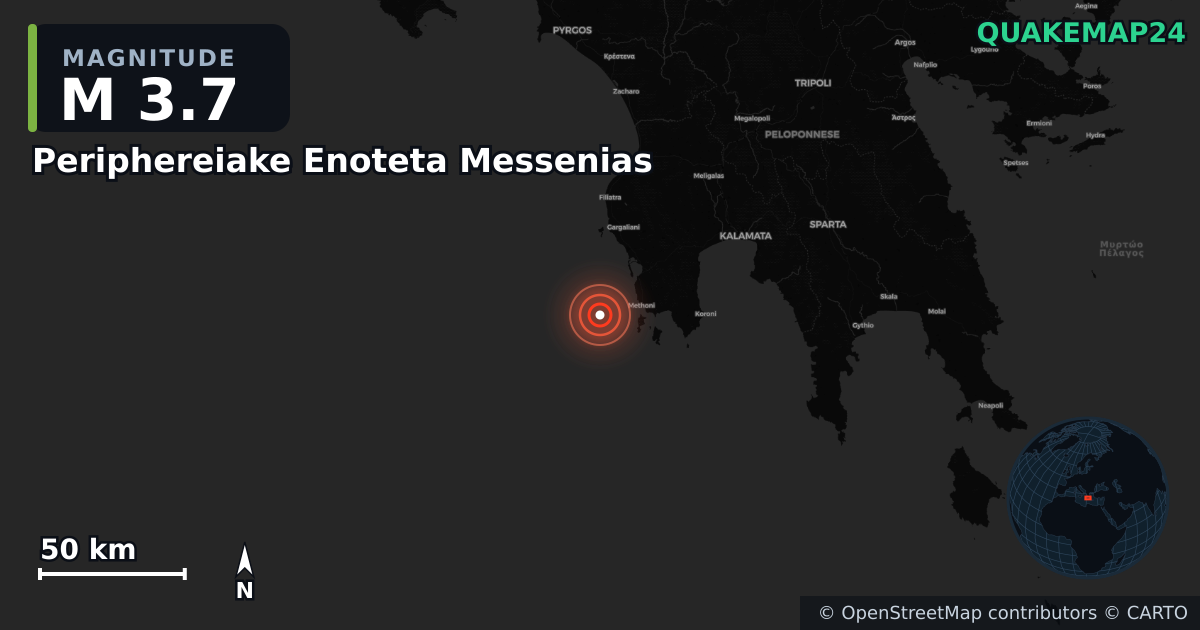 M3.7 earthquake near Periphereiake Enoteta Messenias on Feb 1, 2026 — map of epicenter and shaking intensity | QuakeMap24