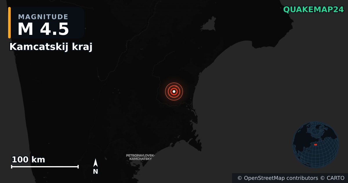 M4.5 earthquake near Kamcatskij kraj on Jun 9, 2025 — map of epicenter and shaking intensity | QuakeMap24