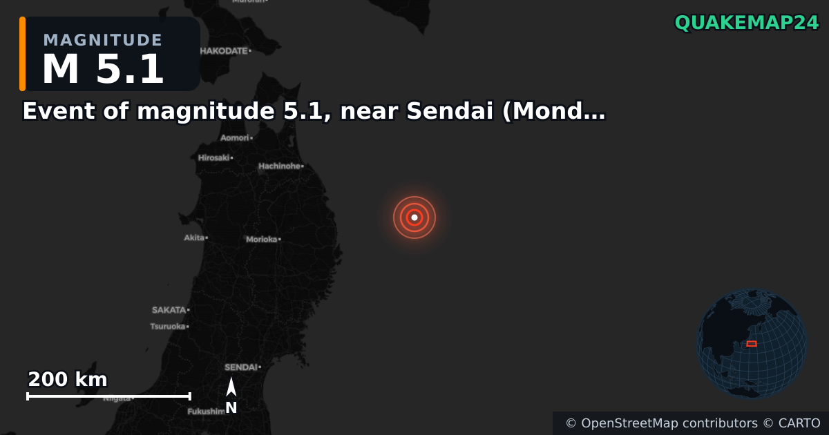 M5.1 earthquake near Event of magnitude 5.1, near Sendai (Monde) on Apr 20, 2026 — map of epicenter and shaking intensity | QuakeMap24
