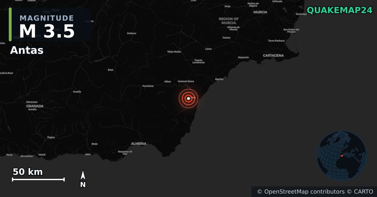 M3.5 earthquake near Antas on Aug 13, 2026 — map of epicenter and shaking intensity | QuakeMap24