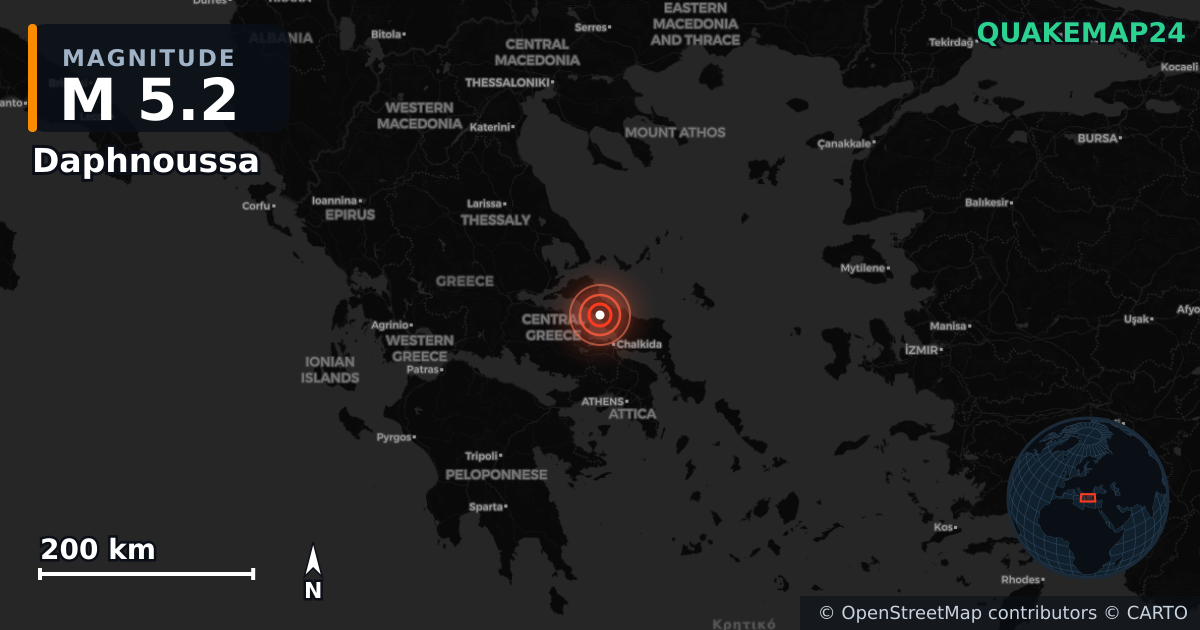M5.2 earthquake near Daphnoussa on Jun 7, 2026 — map of epicenter and shaking intensity | QuakeMap24