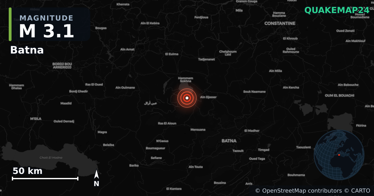 M3.1 earthquake near Batna on Nov 20, 2025 — map of epicenter and shaking intensity | QuakeMap24