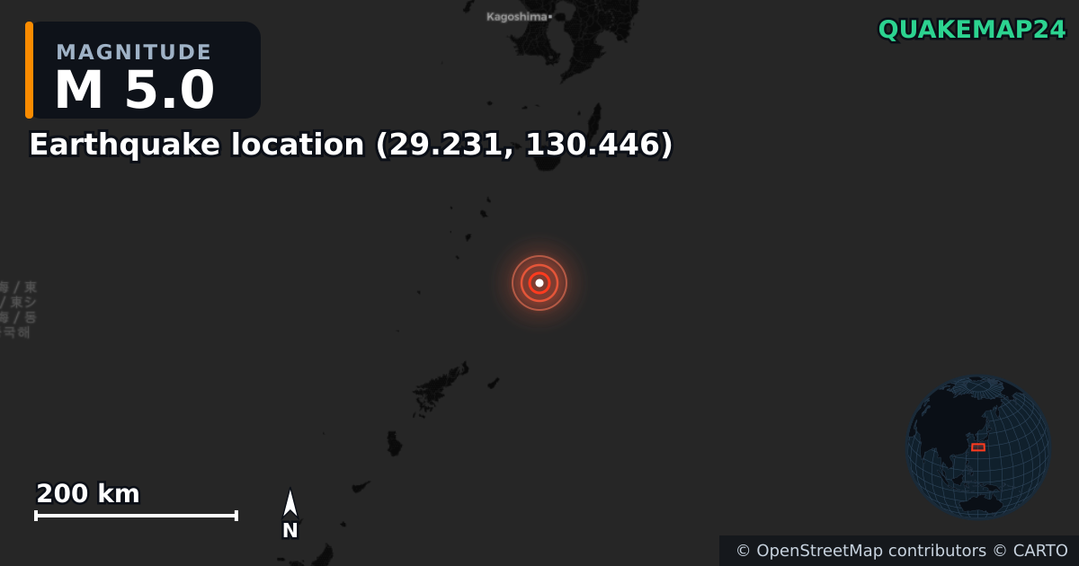 M5.0 earthquake near Lieu du séisme (29.231, 130.446) on Jun 30, 2025 — map of epicenter and shaking intensity | QuakeMap24