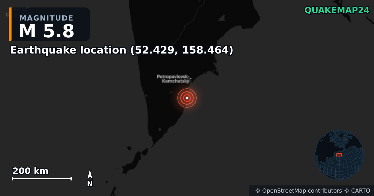 M5.8 earthquake near Deprem konumu (52.429, 158.464) on Aug 1, 2025 — map of epicenter and shaking intensity | QuakeMap24
