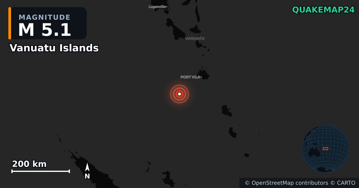 M5.1 earthquake near Vanuatu Islands on Jul 28, 2025 — map of epicenter and shaking intensity | QuakeMap24