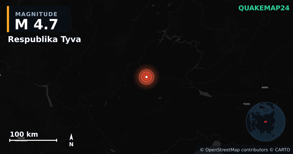 M4.7 earthquake near Respublika Tyva on Jun 12, 2025 — map of epicenter and shaking intensity | QuakeMap24