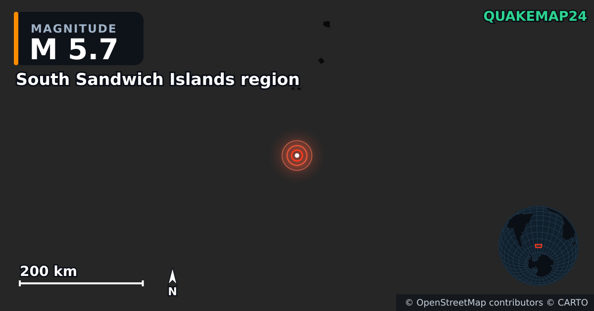 M5.7 earthquake near South Sandwich Islands region on Mar 20, 2025 — map of epicenter and shaking intensity | QuakeMap24