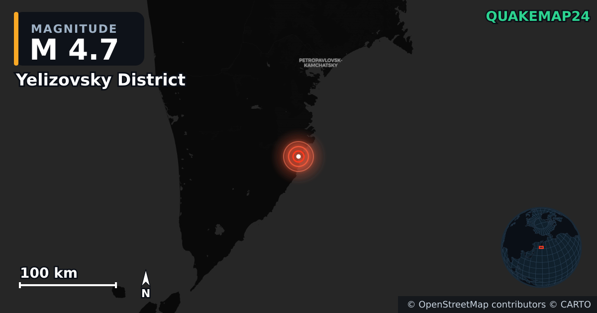 M4.7 earthquake near Yelizovsky District on Jun 15, 2026 — map of epicenter and shaking intensity | QuakeMap24