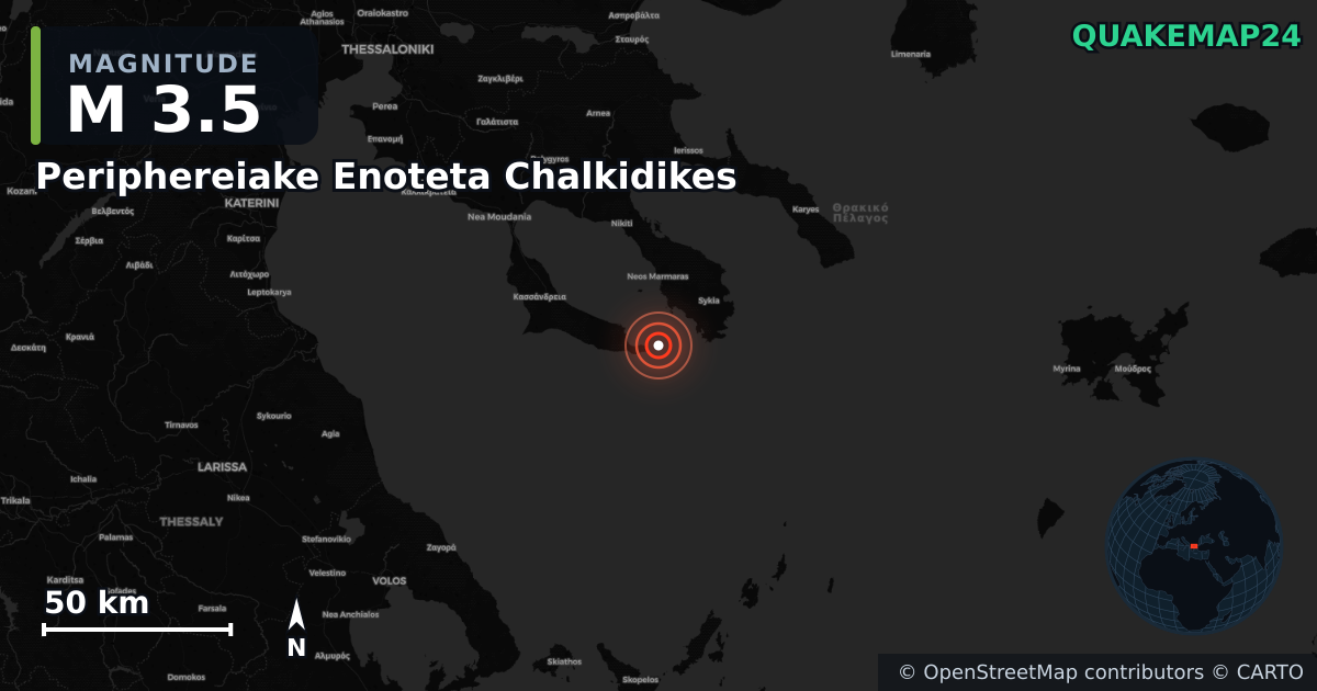 M3.5 earthquake near Periphereiake Enoteta Chalkidikes on Jan 15, 2026 — map of epicenter and shaking intensity | QuakeMap24