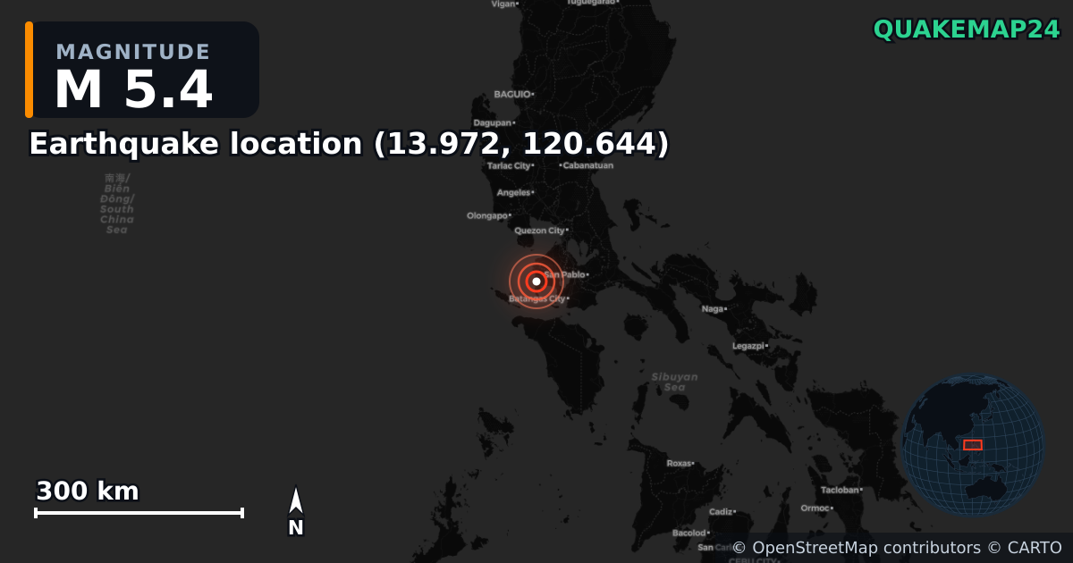 M5.4 earthquake near Deprem konumu (13.972, 120.644) on Jan 20, 2025 — map of epicenter and shaking intensity | QuakeMap24