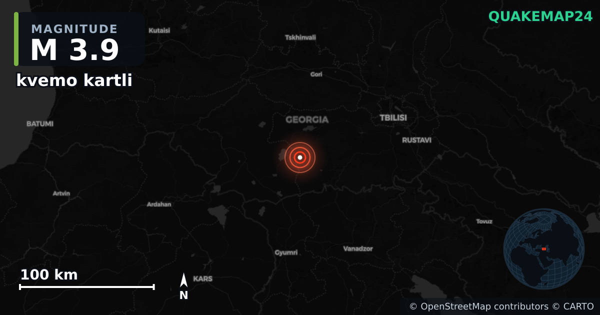 M3.9 earthquake near kvemo kartli on Dec 28, 2025 — map of epicenter and shaking intensity | QuakeMap24