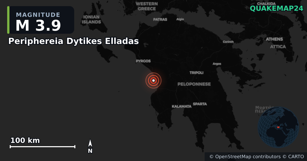 M3.9 earthquake near Periphereia Dytikes Elladas on Dec 10, 2025 — map of epicenter and shaking intensity | QuakeMap24