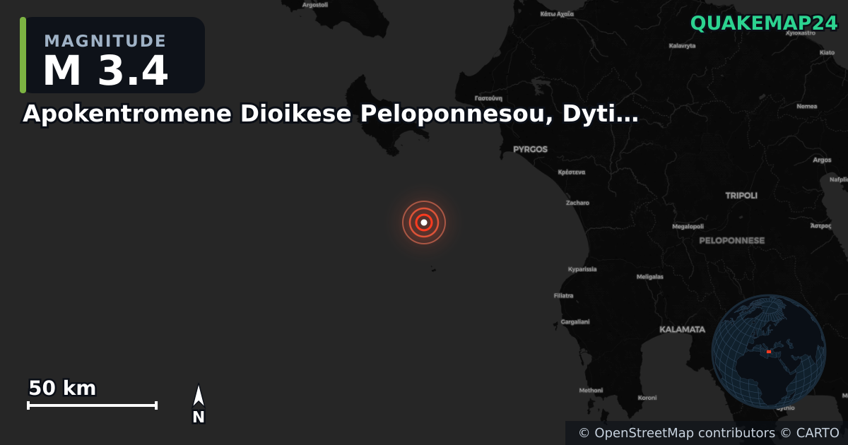 M3.4 earthquake near Apokentromene Dioikese Peloponnesou, Dytikes Elladas kai Ioniou on Sep 25, 2025 — map of epicenter and shaking intensity | QuakeMap24