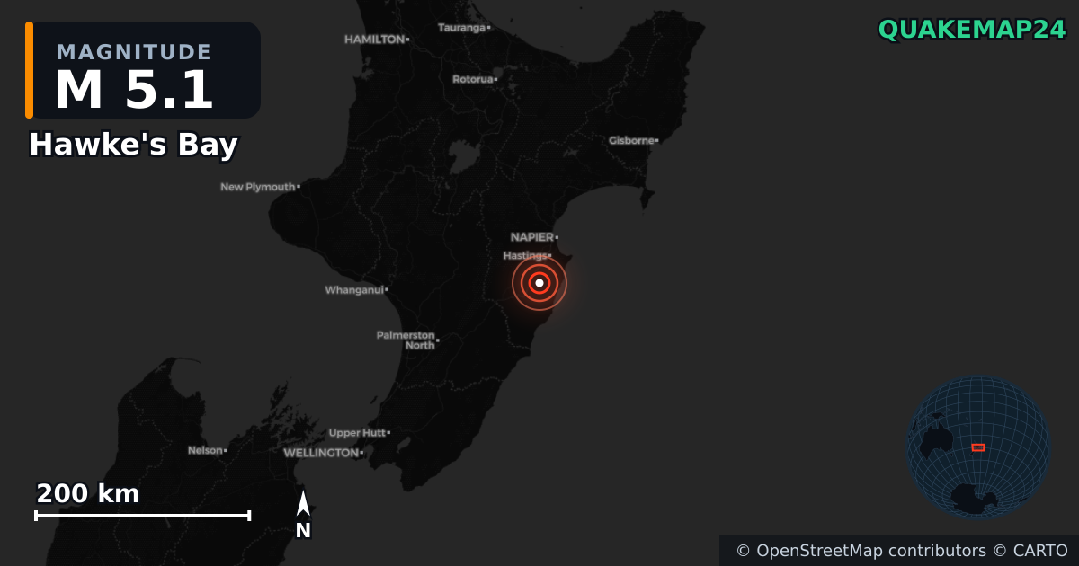 M5.1 earthquake near Hawke's Bay on Aug 13, 2025 — map of epicenter and shaking intensity | QuakeMap24