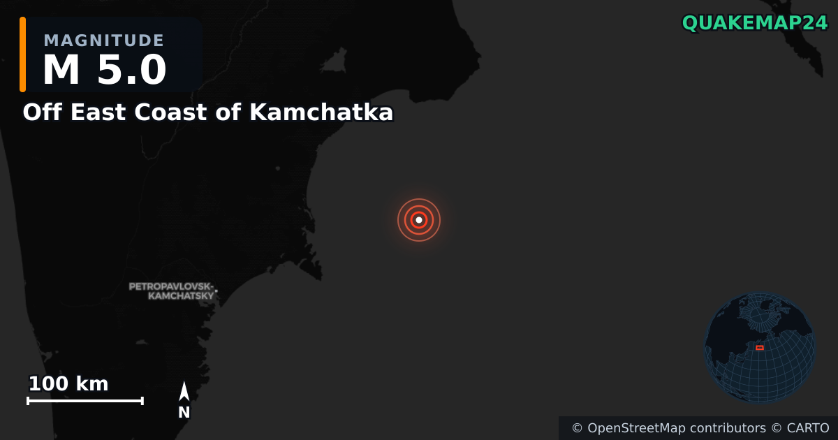 M5.0 earthquake near Off East Coast of Kamchatka on Sep 20, 2025 — map of epicenter and shaking intensity | QuakeMap24