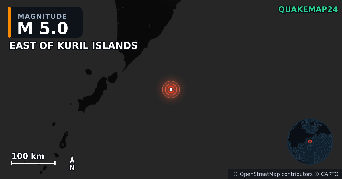 M5.0 earthquake near EAST OF KURIL ISLANDS on Aug 5, 2025 — map of epicenter and shaking intensity | QuakeMap24