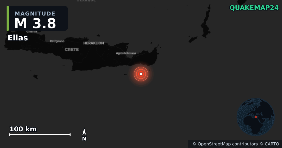 M3.8 earthquake near Ellas on Nov 19, 2025 — map of epicenter and shaking intensity | QuakeMap24
