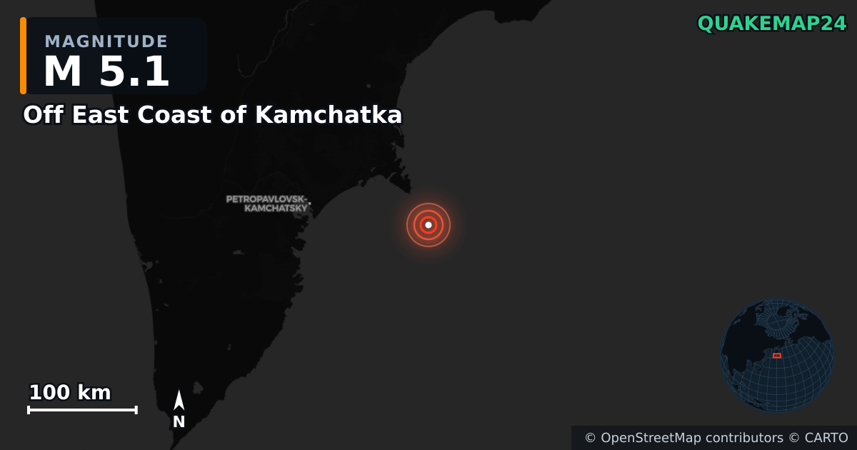 M5.1 earthquake near Off East Coast of Kamchatka on Jul 31, 2025 — map of epicenter and shaking intensity | QuakeMap24