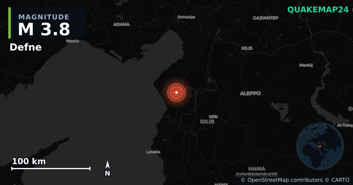 M3.8 earthquake near Defne on Nov 7, 2025 — map of epicenter and shaking intensity | QuakeMap24