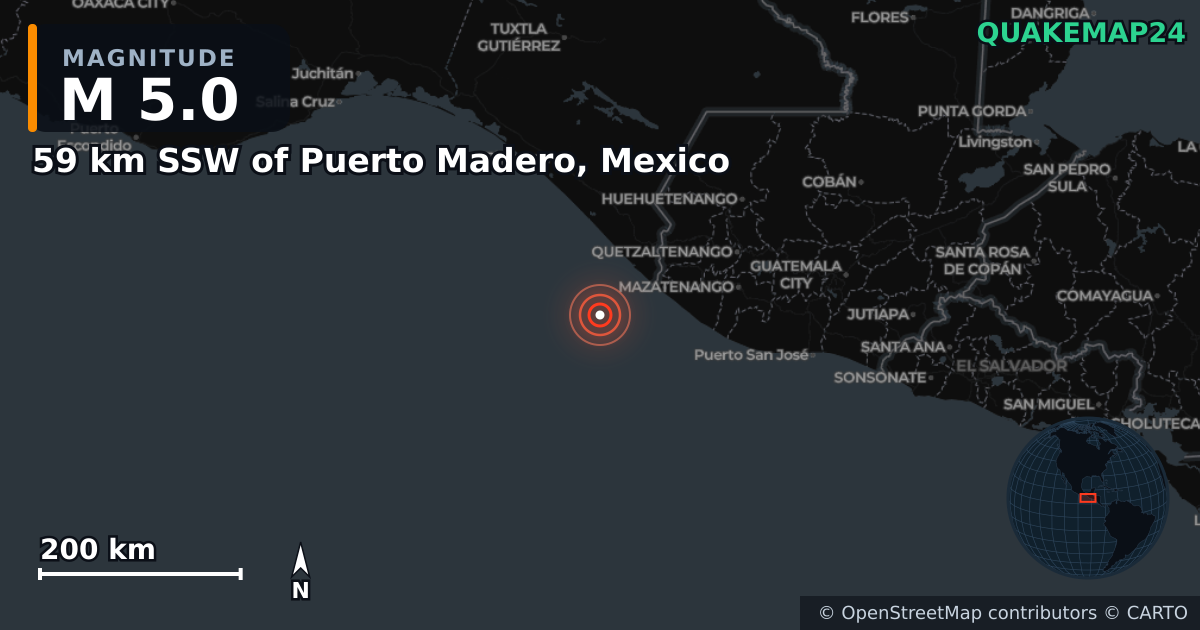 Σεισμός M5,0 κοντά στο 59 km SSW of Puerto Madero, Mexico · 2026-07-17 — Χάρτης της θέσης του επικέντρου