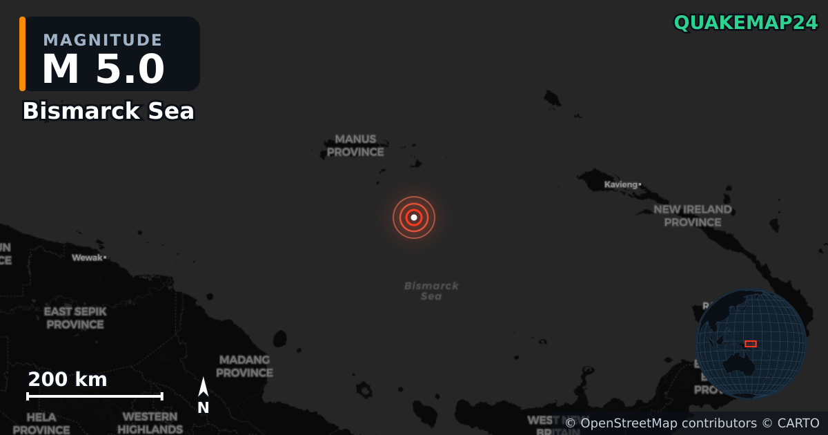 M5.0 earthquake near Bismarck Sea on May 29, 2026 — map of epicenter and shaking intensity | QuakeMap24