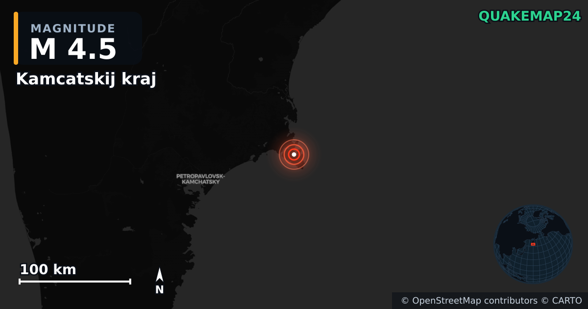 M4.5 earthquake near Kamcatskij kraj on Oct 2, 2025 — map of epicenter and shaking intensity | QuakeMap24