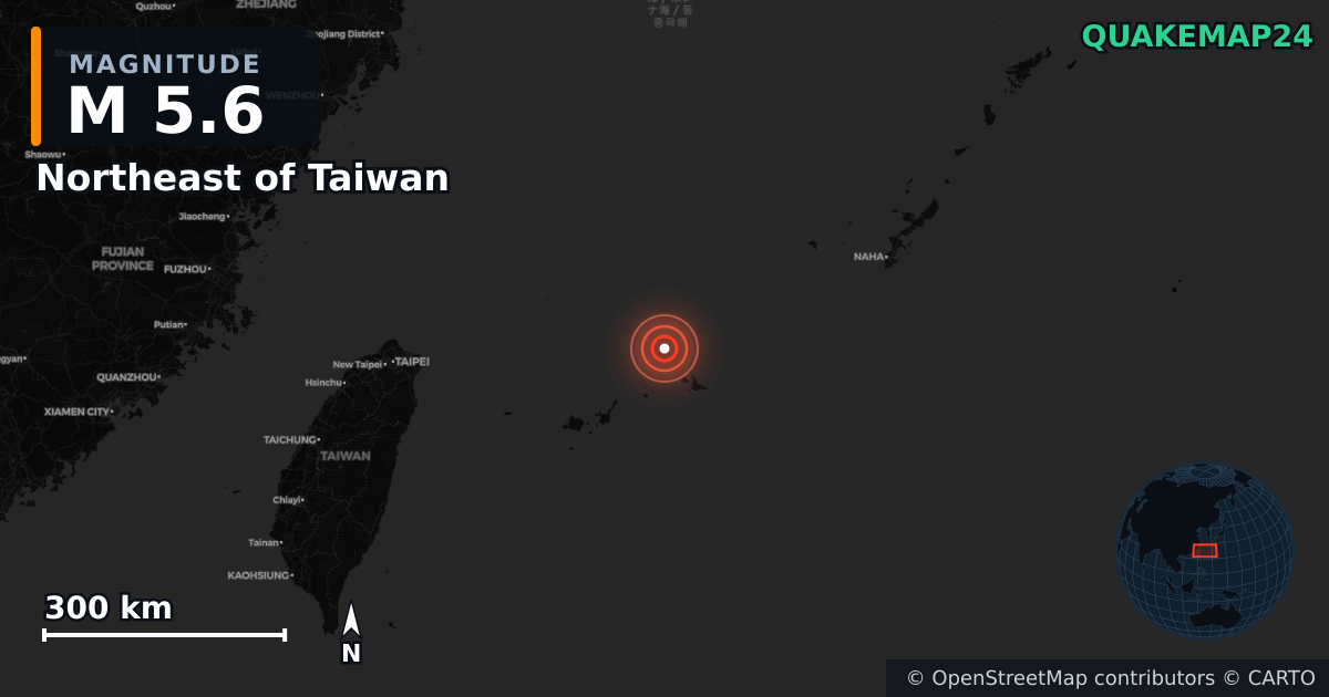 M5.6 earthquake near Northeast of Taiwan on Mar 2, 2026 — map of epicenter and shaking intensity | QuakeMap24