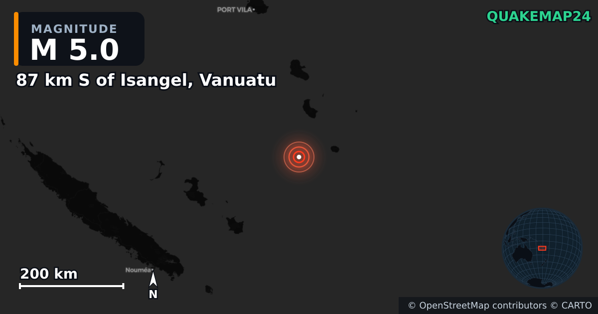 M5.0 earthquake near 87 km S of Isangel, Vanuatu on Aug 20, 2026 — map of epicenter and shaking intensity | QuakeMap24