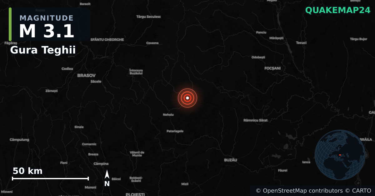 M3.1 earthquake near Gura Teghii on Jun 3, 2026 — map of epicenter and shaking intensity | QuakeMap24