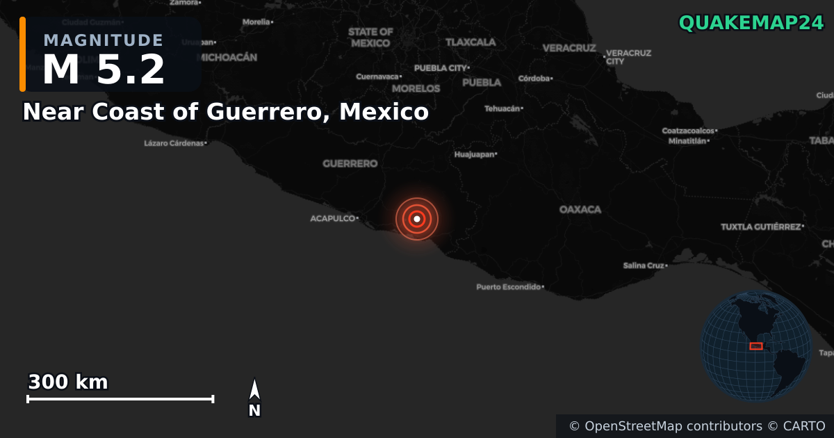 Erdbeben M5,2 bei Near Coast of Guerrero, Mexico — Karte der Lage des Epizentrums