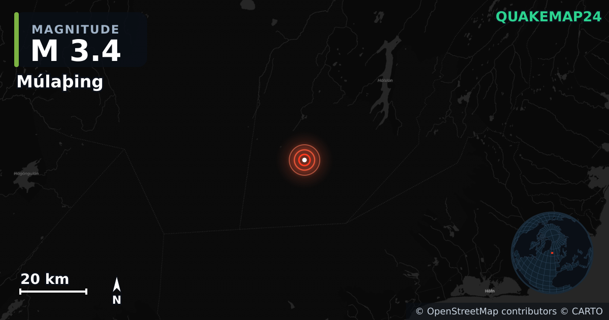 M3.4 earthquake near Múlaþing on Jun 14, 2026 — map of epicenter and shaking intensity | QuakeMap24