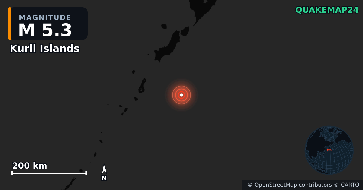 M5.3 earthquake near Kuril Islands on Jul 30, 2025 — map of epicenter and shaking intensity | QuakeMap24