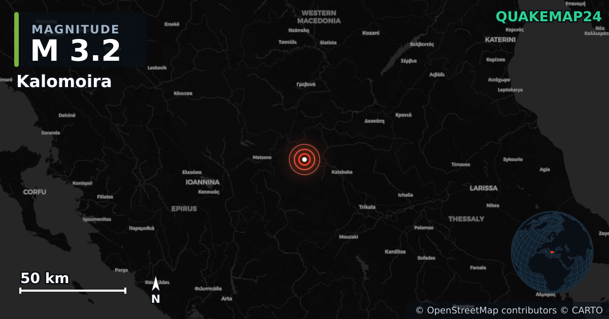 M3.2 earthquake near Kalomoira on Apr 5, 2026 — map of epicenter and shaking intensity | QuakeMap24
