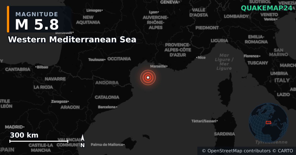 Erdbeben M5,8 bei Western Mediterranean Sea — Karte der Lage des Epizentrums
