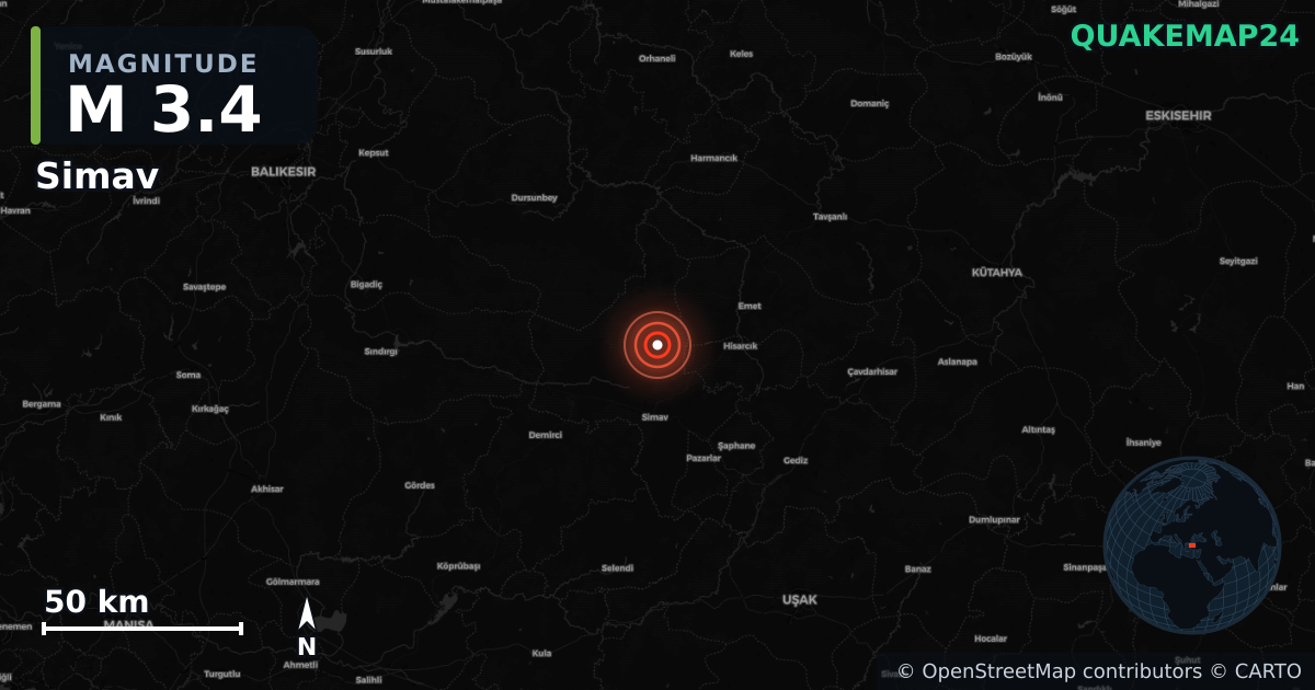M3.4 earthquake near Simav on May 14, 2025 — map of epicenter and shaking intensity | QuakeMap24