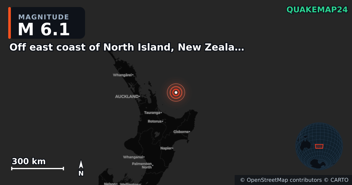 M6.1 earthquake near Off east coast of North Island, New Zealand [Sea: New Zealand] on May 5, 2026 — map of epicenter and shaking intensity | QuakeMap24