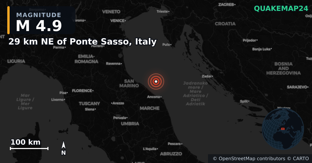 M4.9 earthquake near 29 km NE of Ponte Sasso, Italy on Oct 6, 2025 — map of epicenter and shaking intensity | QuakeMap24