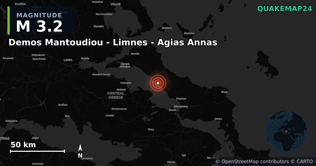 M3.2 earthquake near Demos Mantoudiou - Limnes - Agias Annas on Jun 8, 2026 — map of epicenter and shaking intensity | QuakeMap24